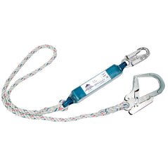 Portwest Single lanyard with shock absorber. Lanyard has silver scaffold hook and silver carabiner, Blue shock absorber and a white rope main section to the lanyard.