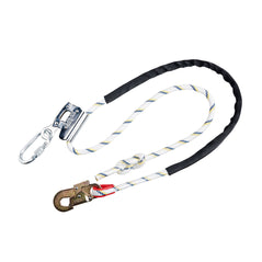 Portwest work positioning lanyard with grip ajuster. Lanyard has white rope, Black outer rope cover, silver carabiner and bronze attachment hook.