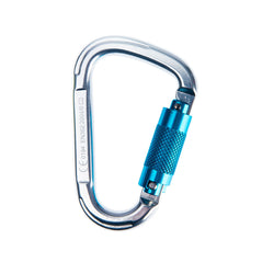 silver aluminium carabiner with blue twist lock.