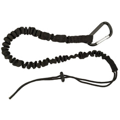 Black portwest tool lanyard. Lanyard has a black clip on one end and rope tighten the other end. 