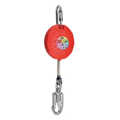 Orange Portwest web fall arrest block. Block has a silver carabiner and silber hook on the end of the web safety rope.  