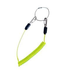 green coil tool lanyard and silver clip.