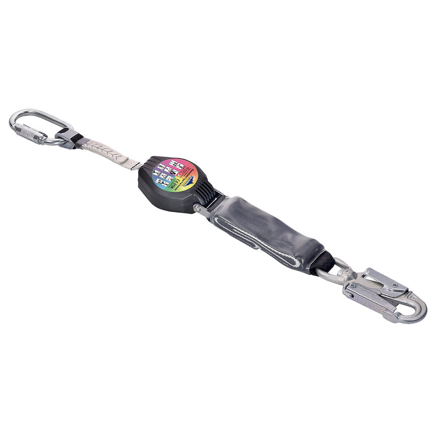 Black Portwest retract lifeline. Lifeline has a black plastic middle. Clip with twist top carabiner and hood on the bottom.
