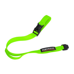 Green helmet lanyard with black tightening straps and Portwest branding.