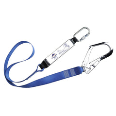 Portwest Single webbing lanyard with shock absorber. Lanyard has silver scaffold hook and silver carabiner, and a blue webbed main section to the lanyard with silver shock absorber.