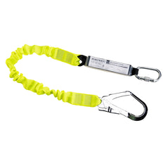 Portwest Single elasticated lanyard with shock absorber. Lanyard has silver scaffold hook and silver carabiner, Silver shock absorber and a yellow main section to the lanyard.