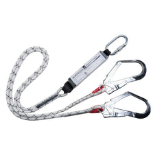 Double kernmantle lanyard with shock absorber in white with silver clips.