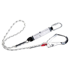 Portwest Single kernmantle lanyard with shock absorber. Lanyard has silver scaffold hook and silver carabiner, Silver shock absorber and a white rope main section to the lanyard.