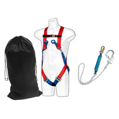 White fall arrest lanyard with blue shock absorber and red/blue harness with a black carry bag.