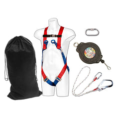 Industrial fall arrest kit. Kit has a black nylon bag, Red and blue harness, Black fall arrest kit, Silver carabiner and single lanyard with white rope and silver clips.