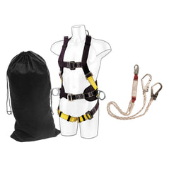 Portwest scaffold Kit. Kit includes a black nylon drawstring bag for storage, Lanyard with two scaffold hooks, Fall harness with black and yellow trim and two hook attachments.