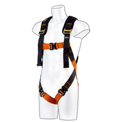 Black and orange Portwest Ultra one point fall arrest harness. Harness has a chest clip and tightening points thorough out. Harness has black shoulder padding.