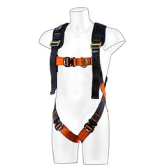 Black and orange Portwest Ultra two point fall arrest harness. Harness has a chest clip and tightening points thorough out. Harness has black shoulder padding.