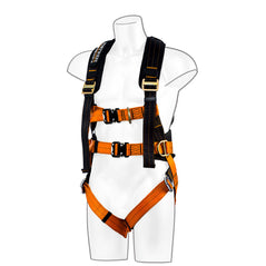 Black and orange Portwest Ultra three point fall arrest harness. Harness has a two chest clip points and tightening points thorough out. Harness has black shoulder padding.