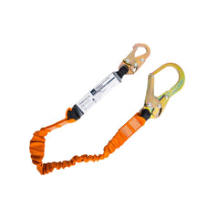 Portwest Single lanyard with shock absorber. Lanyard has bronze hooks, Silver shock absorber and a orange main section to the lanyard.
