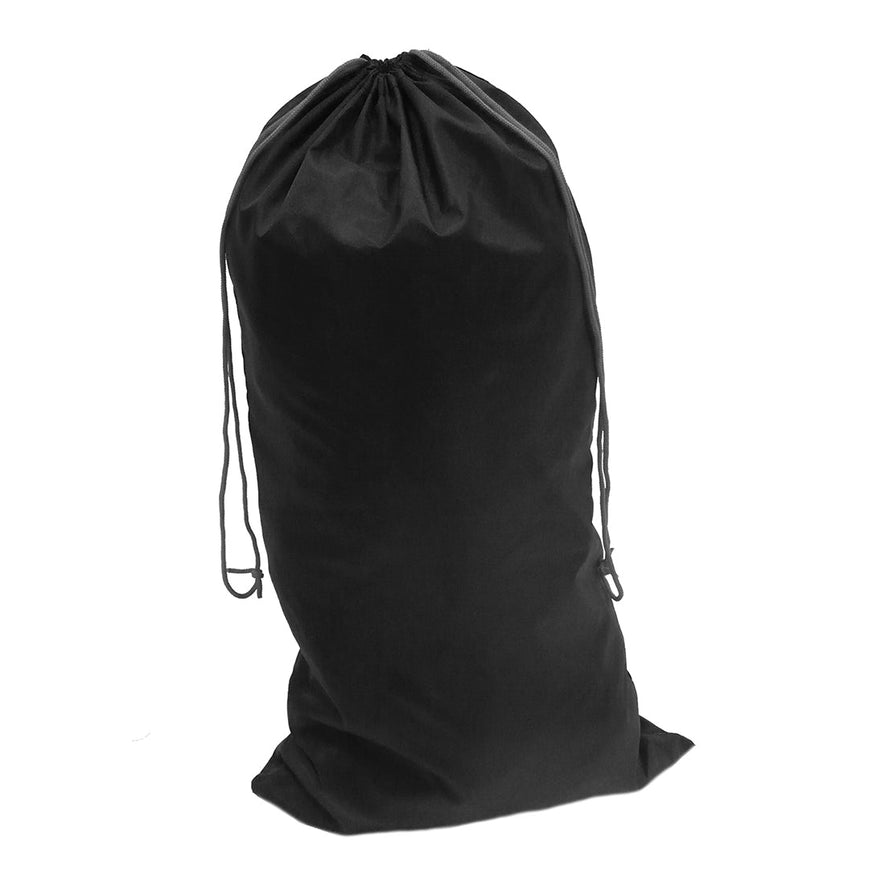 Black portwest Nylon drawstring bag. Bag has drawstring cords on either side.