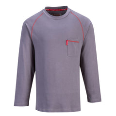 Grey flame resistant crew nest long sleeve t shirt. shirt has orange stitching and a pocket on the chest.