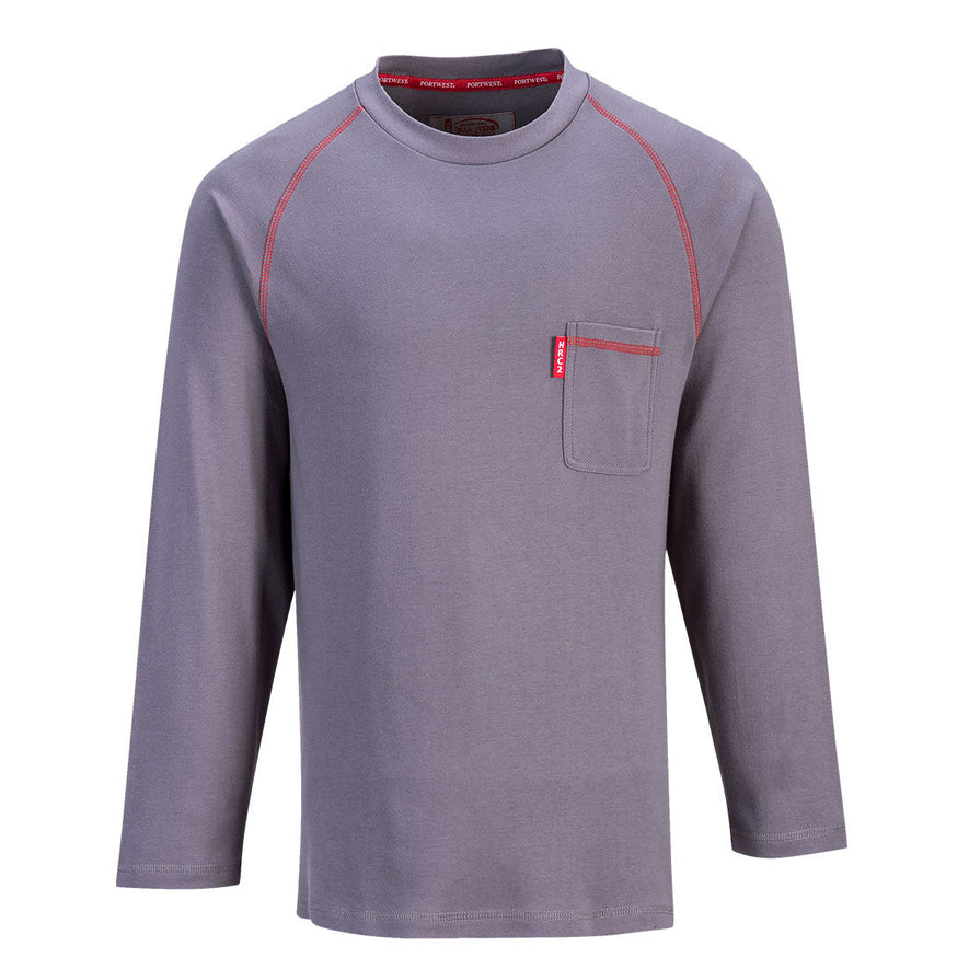 Grey flame resistant crew nest long sleeve t shirt. shirt has orange stitching and a pocket on the chest.