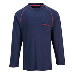 Navy flame resistant crew nest long sleeve t shirt. shirt has orange stitching and a pocket on the chest.