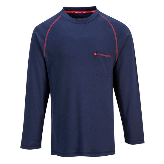 Navy flame resistant crew nest long sleeve t shirt. shirt has orange stitching and a pocket on the chest.
