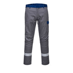 Grey bizflame ultra trousers with two hi vis ankle bands contrasting blue waistband.