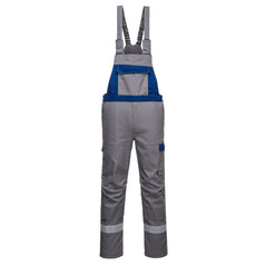 Grey bizflame ultra bib and brace with two hi vis ankle bands and a large front pocket with a blue outline around the pocket.