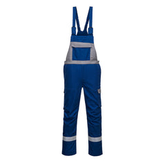 Blue bizflame ultra bib and brace with two hi vis ankle bands and a large front pocket with a grey outline around the pocket.