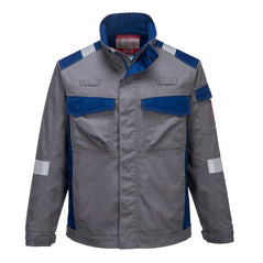 Grey Bizflame Ultra Jacket with contrasting blue two tone on the sides and the pockets with hi-vis strips on the arms and shoulders.Jacket has two chest pockets.