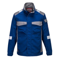 Royal Bizflame Ultra Jacket with contrasting grey two tone on the sides and the pockets with hi-vis strips on the arms and shoulders.Jacket has two chest pockets.