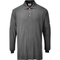 Grey flame resistant anti static long sleeve polo shirt.