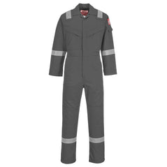 Flame resistant anti static Coverall in Grey with two chest pockets and a pen loop on the chest. Coverall has hi vis bands on the legs, arms and shoulders.