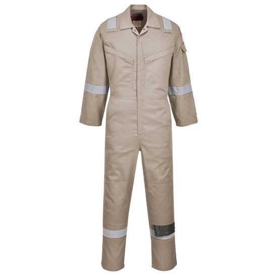 Flame resistant anti static Coverall in kaki with two chest pockets and a pen loop on the chest. Coverall has hi vis bands on the legs, arms and shoulders.