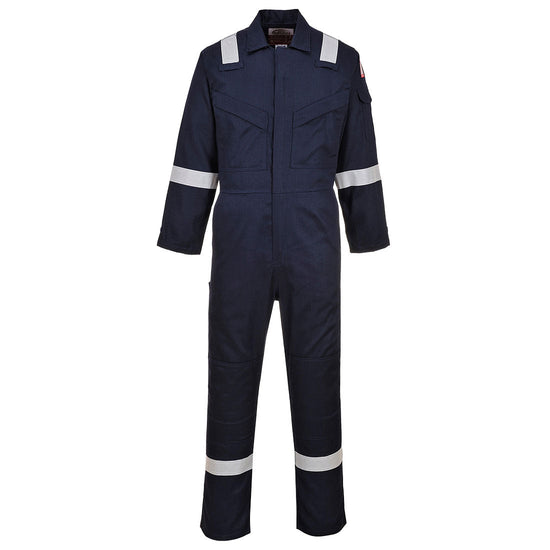 Flame resistant anti static Coverall in Navy with two chest pockets and a pen loop on the chest. Coverall has hi vis bands on the legs, arms and shoulders.
