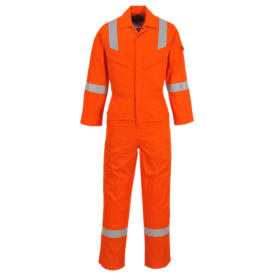 Flame resistant anti static Coverall in Orange with two chest pockets and a pen loop on the chest. Coverall has hi vis bands on the legs, arms and shoulders.