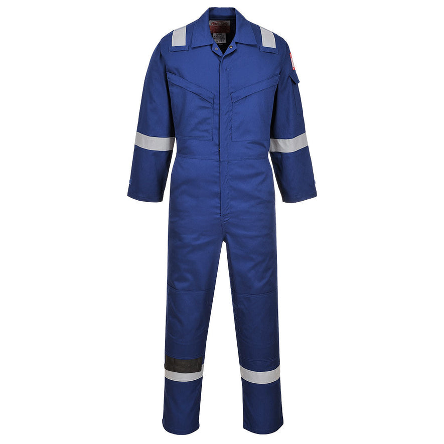 Flame resistant anti static Coverall in Royal Blue with two chest pockets and a pen loop on the chest. Coverall has hi vis bands on the legs, arms and shoulders.