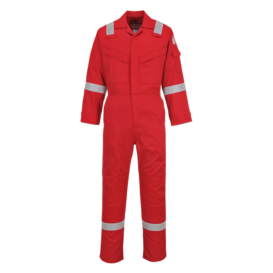 Flame resistant anti static Coverall in Red with two chest pockets and a pen loop on the chest. Coverall has hi vis bands on the legs, arms and shoulders.