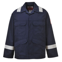 Navy Bizflame Plus Jacket with hi-vis strips on arm and shoulders and chest and side pockets