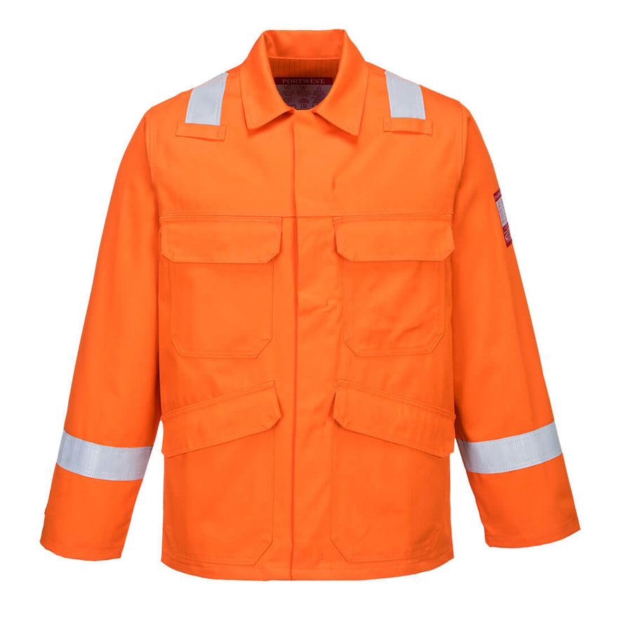 Orange Bizflame Plus Jacket with hi-vis strips on arm and shoulders and chest and side pockets