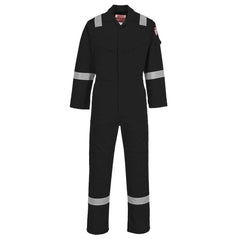 Flame resistant anti static Coverall in black with two chest pockets and a pen loop on the chest. Coverall has hi vis bands on the legs, arms and shoulders.