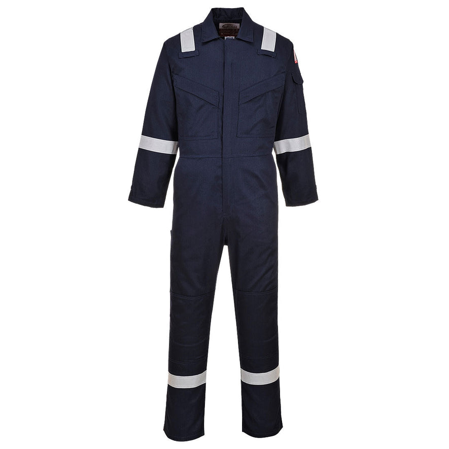 Flame resistant anti static Coverall in navy with two chest pockets and a pen loop on the chest. Coverall has hi vis bands on the legs, arms and shoulders.