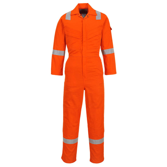 Flame resistant anti static Coverall in orange with two chest pockets and a pen loop on the chest. Coverall has hi vis bands on the legs, arms and shoulders.