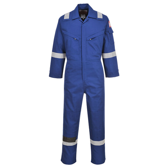 Flame resistant anti static Coverall in royal blue with two chest pockets and a pen loop on the chest. Coverall has hi vis bands on the legs, arms and shoulders.