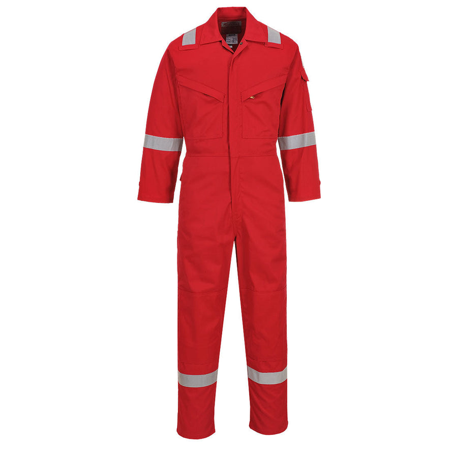 Flame resistant anti static Coverall in red with two chest pockets and a pen loop on the chest. Coverall has hi vis bands on the legs, arms and shoulders.