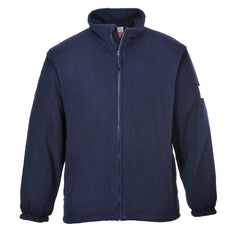 Navy Flame Resistant anti static fleece jacket. Jacket has full zip close and elasticated cuffs.