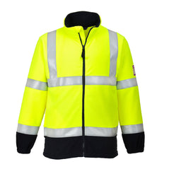 Yellow and navy flame resistant anti static fleece jacket. Jacket is zip fasten and has two hi vis bands across the body, shoulders and arms. Jacket also has navy contrast on the Bottom of the jacket and arms.