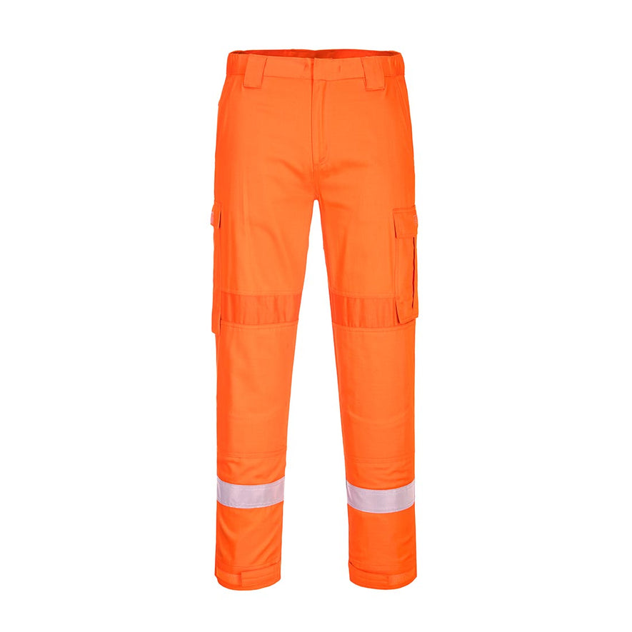Orange Bizflame Plus Lightweight Stretch Panelled Trouser with belt loops and reflective strips on shins