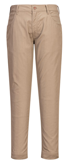 Portwest Flame Resistant Stretch Trousers in khaki with button ad zip fastening, belt loops on waist band and two pockets at top.
