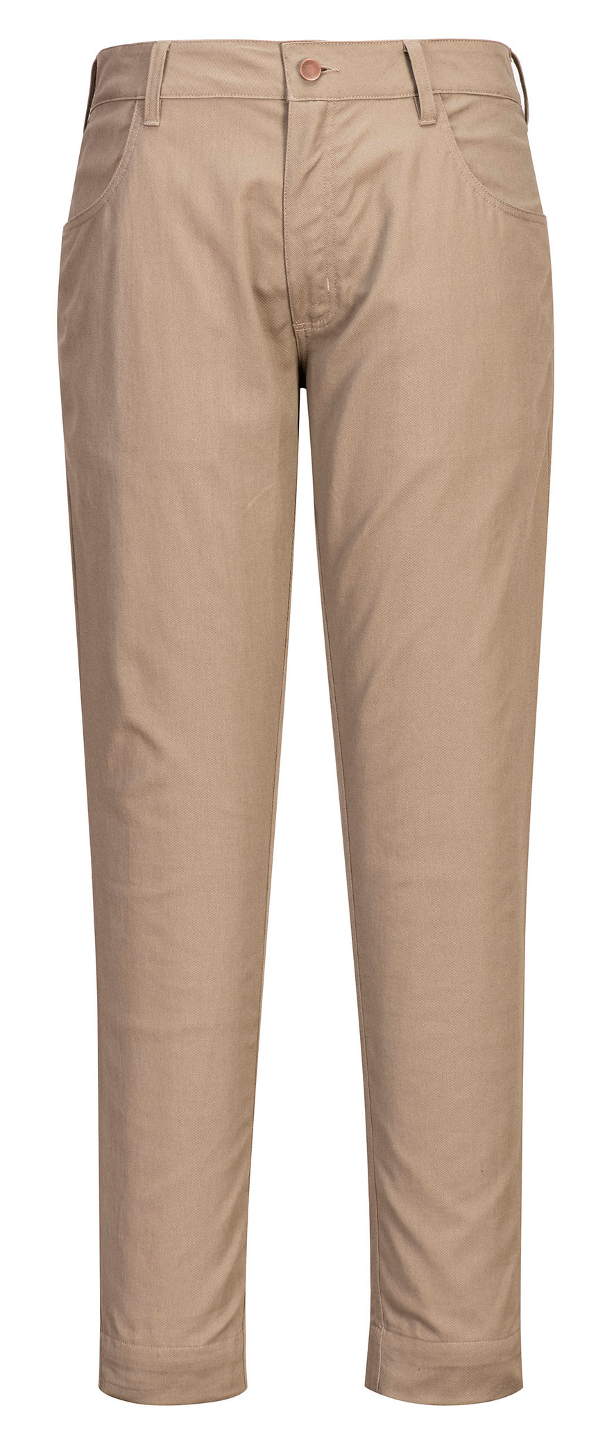 Portwest Flame Resistant Stretch Trousers in khaki with button ad zip fastening, belt loops on waist band and two pockets at top.