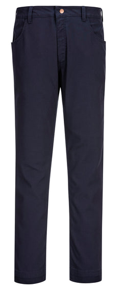 Portwest Flame Resistant Stretch Trousers in navy with button ad zip fastening, belt loops on waist band and two pockets at top.