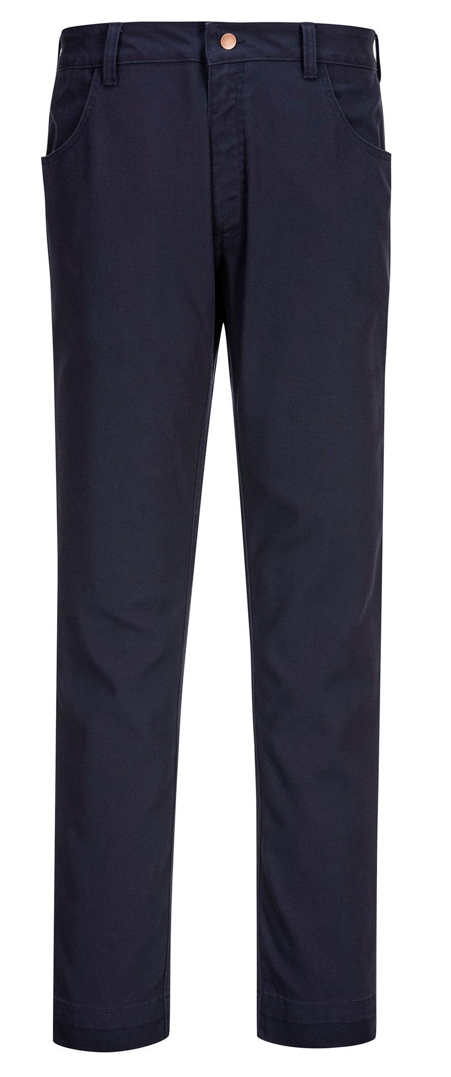 Portwest Flame Resistant Stretch Trousers in navy with button ad zip fastening, belt loops on waist band and two pockets at top.